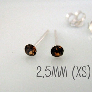 May include: A pair of small stud earrings featuring brown gemstones. Each earring has a post and a round, dark brown stone. The text "2.5MM (XS)" is below the earrings. An earring back is visible in the background.