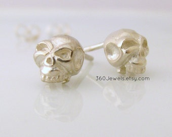 Maleficent waxen skull stud earrings, men's stud earrings, skull stud earrings, sterling silver stud earrings, earrings for men,  468B2