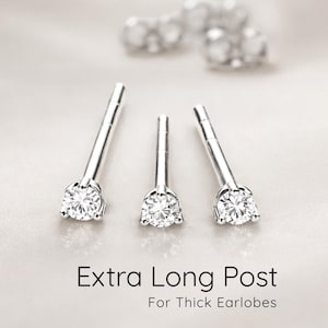 Extra Long Post CZ Diamond Stud Earrings | For Thick Earlobes |  925 Sterling Silver White Gold Plated | 11mm, 14mm, 16mm, 19mm Posts