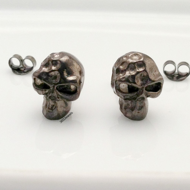 Nefarious slate skull stud earrings, men's stud earrings, black gold sterling silver, skull stud earrings, black stud earrings, 468J1 image 1