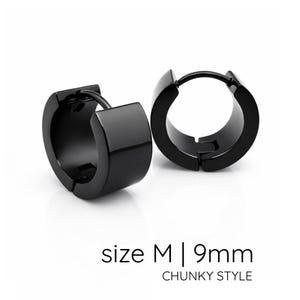 Mens Jet Black Wide Chunky Hoop Earrings | Medium 9mm Huggie Cuff Style | Thick Flat Profile Stainless Steel | Earlobe, Helix & Cartilage
