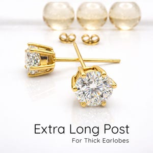 Extra Long Post CZ Stud Earrings for Thick Earlobes | 24K Gold plate on 925 Sterling Silver 7mm Solitaire |  11mm 12mm 14mm 16mm 19mm
