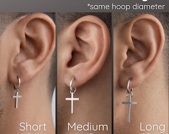 Mens Cross Clip on Earrings | Silver Dangle Hoop | Fake Non