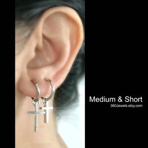 Cross clip on earring, mens earrings, cross earrings, clip earrings, silver cross earrings, earrings for men, dangling cross earring, 573SML image 3