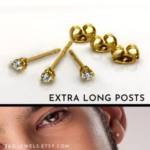 Diamond gold plating stud earrings, extra long post, for thick earlobes, mens CZ diamond earrings, custom post length, 424 SY-ExtraLongPost