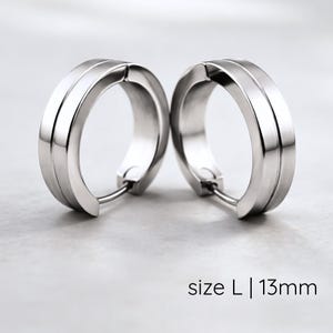 Mens Silver Large 13mm Double Band Huggie Hoop Earrings | Flat Profile Stainless Steel | Earlobe, Relaxed Fit Helix & Snug Conch