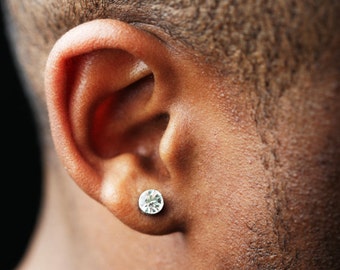 Promotion- Mens Silver Stud Earrings - White Diamond CZ Post Earrings - Hip Hop Bling Earrings for Guys - Medium 5mm (no.434B)