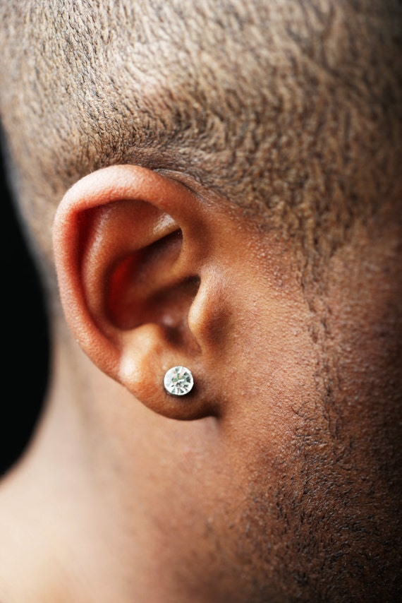 Promotion- Mens Silver Stud Earrings - White Diamond CZ Post Earrings - Hip Hop Bling Earrings for Guys - Medium 5mm (no.434B)