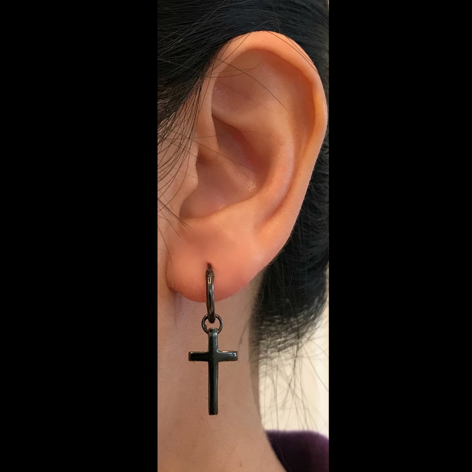 Men's Cross Earring in Gold Silver or Black Wire Hoop Etsy