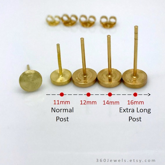 Long Post Earring, Yellow Gold Stud Earrings, Extra Long Post 12mm