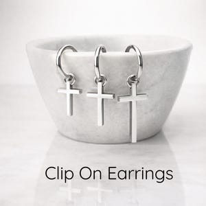 Mens Cross Clip On Earrings | Silver Dangle Hoop | Fake Non Pierced Ear Cuff | Stainless Steel Gothic Minimal Jewelry