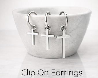 Mens Cross Clip on Earrings | Silver Dangle Hoop | Fake Non