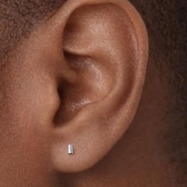 Pendientes de barra de plata para hombre / Oro blanco sobre plata de ley 925 / Pendiente minimalista de 3 mm / Lóbulo de la oreja, cartílago, tragus, hélix