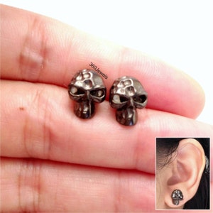 Nefarious slate skull stud earrings, men's stud earrings, black gold sterling silver, skull stud earrings, black stud earrings, 468J1 image 3
