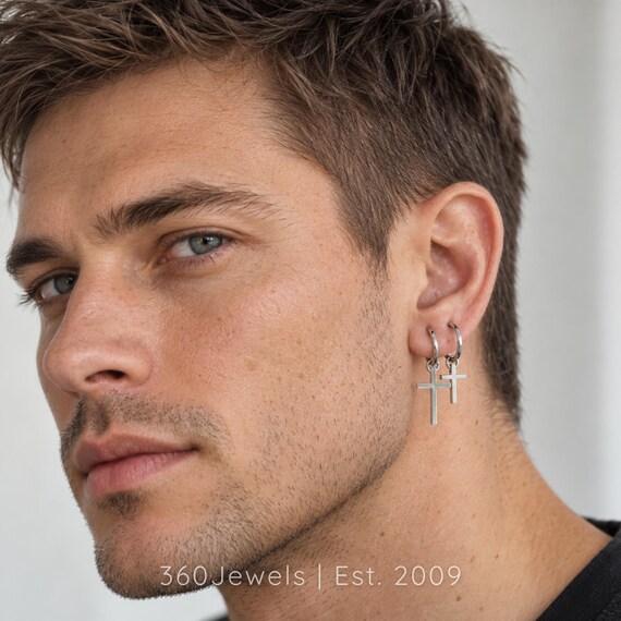 Mens Cross Clip on Earrings | Silver Cross Dangle Earrings | Non