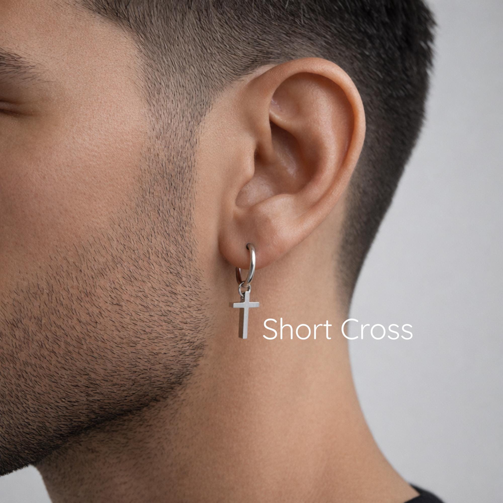 Mens Cross Clip on Earrings | Silver Dangle Hoop | Fake Non
