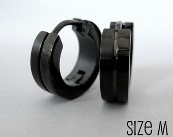 Mens Earrings Black Huggie Hoop - Ear Cartilage Piercing - Upper Lobe Earring- Stainless Steel - Medium HalfHalf no.153