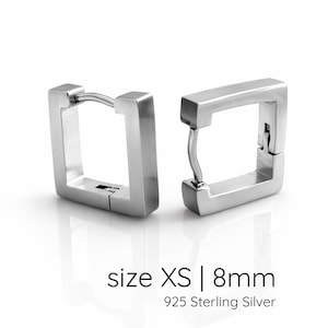 Mens Silver S 8mm Square Huggie Hoop Earrings | Minimal Geometric 925 Sterling Silver | Earlobe, Helix & Cartilage E216N