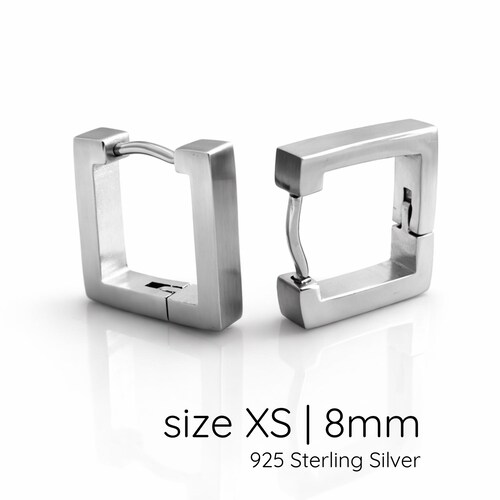 Mens Silver S 8mm Square Huggie Hoop Earrings | Minimal Geometric 925 Sterling Silver | Earlobe, Helix & Cartilage E216N