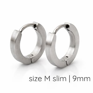 Mens Silver Medium 9mm Huggie Hoop Earrings | Slim Flat Profile Matte Stainless Steel | Earlobe, Helix & Conch
