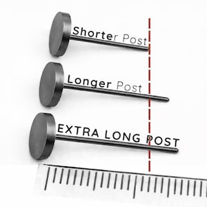 Extra långa örhängen med stift för tjocka örsnibbar | Svart pistol på 925 sterlingsilver | Matt 7 mm skiva | 11 mm 12 mm 14 mm 16 mm