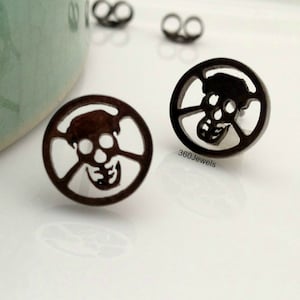 Skull coin cut out stud earrings, men&#39;s stud earrings, skull stud earrings, sterling silver earrings, black gold, earrings for men, 468F1