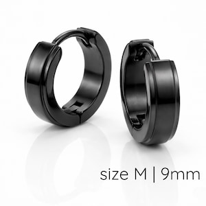 Mens Black Medium 9mm Etched Huggie Hoop Earrings | Flat Profile Stainless Steel | Earlobe, Helix & Cartilage