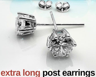 Extra long post CZ diamond stud earrings, for thick earlobes, 11mm, 14mm, 16mm, 19mm post (515-Extra long post earrings)