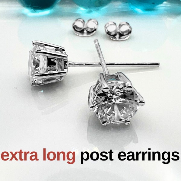 Extra long post CZ diamond stud earrings, for thick earlobes, 11mm, 14mm, 16mm, 19mm post (515-Extra long post earrings)