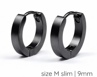 Mens Black Medium 9mm Huggie Hoop Earrings | Slim Flat Profile Matte Stainless Steel | Earlobe, Helix & Conch (133)