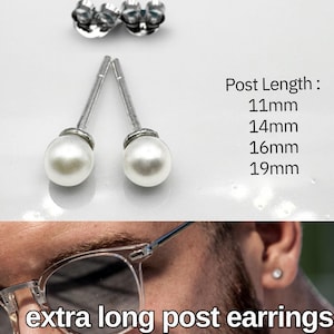 May include: A pair of pearl stud earrings with a silver post. The post length options are 11mm, 14mm, 16mm, and 19mm.  The earrings are shown on a white background.