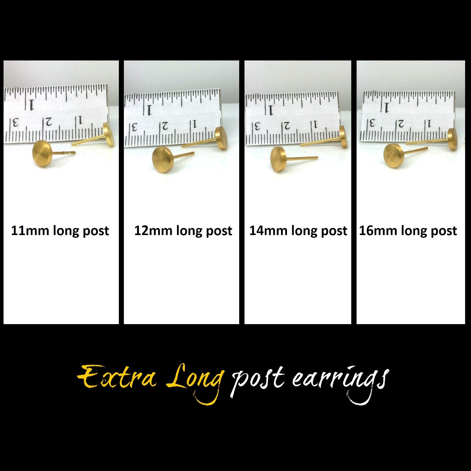 Long Post Earring Yellow Gold Stud Earrings Extra Long Post 12mm
