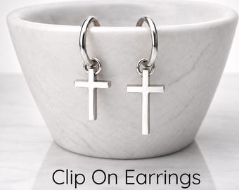 Mens Cross Clip on Earrings | Silver Cross Dangle Earrings | Non