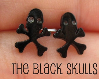 Cartoon style skull and bones stud earrings, men's stud earrings, black steel stud earring, skull stud earrings, rhinestone skull studs, 516