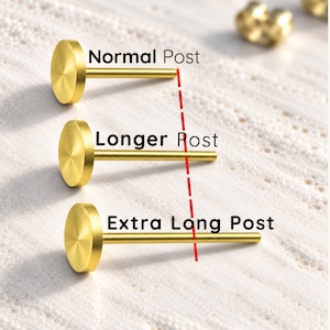 Extra Long Post Stud Earrings for Thick Earlobes | 24K Yellow Gold on 925 Silver | Matte 7mm Disc | 11mm 12mm 14mm 16mm
