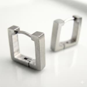 Mens Silver Medium 9mm Square Huggie Hoop Earrings | Geometric Stainless Steel | Earlobe, Helix & Cartilage