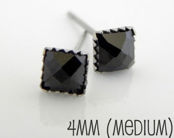 Men's stud earrings, square black diamond cz studs, black diamond studs, square stud earrings for men, black stone stud earrings, 426