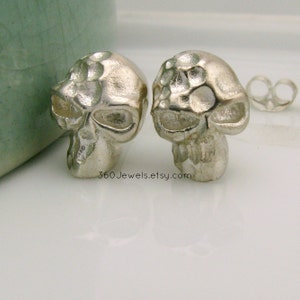 May include: A pair of silver skull stud earrings. The skulls are detailed with textured surfaces and have a slightly menacing look.
