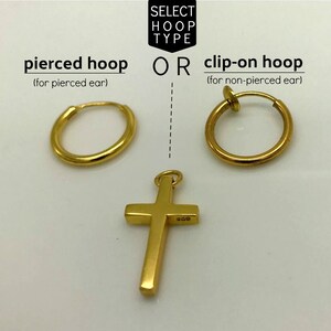 Gold cross earring for men, cross hoop earring, clip on and pierced earring, earrings for guy, dangling cross earring 552YC or 573SY image 2