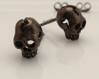 Ossified black skull stud earrings, men's stud earrings, black skull earring, sterling silver posts, tiny skull stud earrings, 468A1