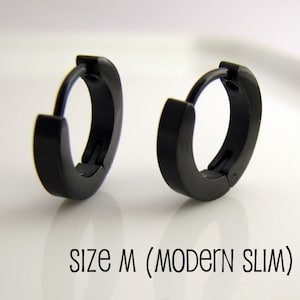 Mens Earrings Black Huggie Hoop - Ear Cartilage Piercing - Guys Cyber Corp Gothic Punk Rock - Stainless Steel - Medium Slim MATTE no.133