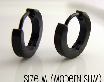 Mens Earrings Black Huggie Hoop - Ear Cartilage Piercing - Guys Cyber Corp Gothic Punk Rock - Stainless Steel - Medium Slim MATTE no.133