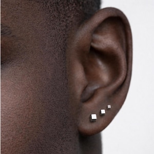 Mens Silver Cube Stud Earrings | 2mm 3mm 4mm Tiny Square | Barely There Minimal Stud | White Gold on 925 Sterling Silver