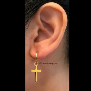 Gold cross earring for men, cross hoop earring, clip on and pierced earring, earrings for guy, dangling cross earring 552YC or 573SY image 3