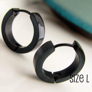 Jet Black Hoop Earrings for Men - Simple Guys Cyber Corp Gothic Punk Male Rock - Stainless Steel Large - 192
