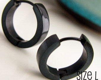 Jet Black Hoop Earrings for Men - Simple Guys Cyber Corp Gothic Punk Male Rock - Stainless Steel Large - 192