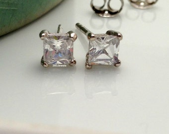 Men's stud earrings - men's earrings studs - white gold diamond cz stud earrings - square diamond cz studs - princess cut cz stud - 4mm 513A