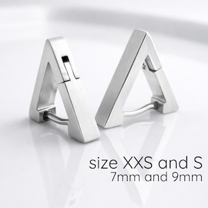 Mens Silver Triangle XXS 7mm & Small 9mm Huggie Hoop Earrings | Geometric Stainless Steel | Helix, Tragus, Cartilage
