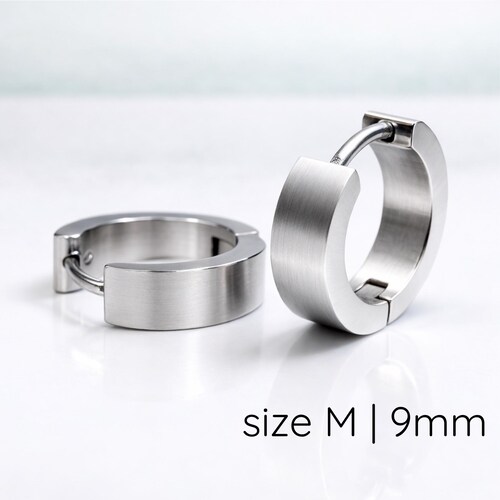 Mens Silver Medium 9mm Huggie Hoop Earrings | Flat Profile Matte Stainless Steel | Earlobe, Helix & Cartilage (150)
