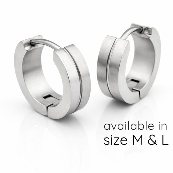 Mens Silver Grooved Huggie Hoop Earrings Medium 9mm and Large 13mm